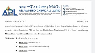 Assam PetroChemicals Limited APL  Recruitment  Freshers ITI Diploma  Graduate  Date 2024 [upl. by Cinimod]