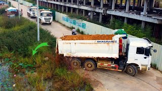 Starting a New project Dump truck 22ton Bulldozer Komatsu push Soil into landfill delete water [upl. by Campney]