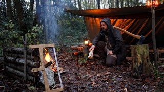 Solo Bushcraft Camp under fallen tree  Too Much Rain [upl. by Ahsimak572]