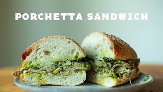 Porchetta sandwich with salsa verde on homemade sourdough sesame roll [upl. by Dong]