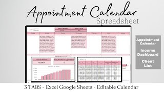 Appointment Calendar Excel Template Spreadsheet Appointment Booking Google Sheets Calendar Business [upl. by Kus]