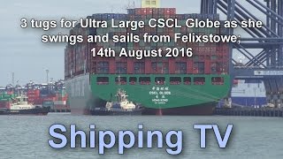 3 tugs for Ultra Large CSCL Globe swinging and sailing 14 August 2016 [upl. by Atnuhs]