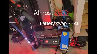 Scooters YUME Y10 battery swap FAILURE Getting Shocked Sparks Flying e scooter electric scooter [upl. by Arbma]