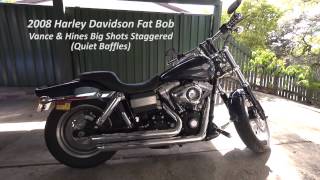 Harley Davidson Fat Bob Tommy Gun Exhaust vs Vance amp Hines Big Shots Staggered Quiet Baffles [upl. by Nnylkoorb]