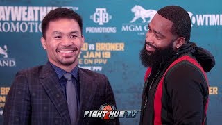 MANNY PACQUIAO HAS AWKWARD FACE OFF WITH ADRIEN BRONER IN LOS ANGELES [upl. by Idroj]