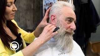 Old School Mens Haircut with Big Beard Trim  Cut amp Grind [upl. by Ahsineb]