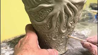 Texturing a wheel thrown and embellished pottery vase [upl. by Nivonod]