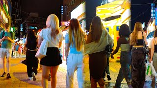 The streets of Hongdae are crowded with tourists even on weekday evenings Seoul [upl. by Enilrae]