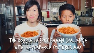 Christine Ha tries the 2X spicy ramen challenge with 12yearold YouTuber Max [upl. by Sahpec]