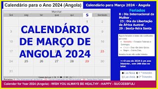 Calendário Angola Março 2024 Calendário angolano 2024Feriado em março de 2024 [upl. by Yauq]