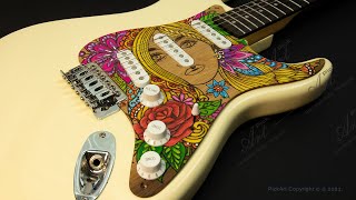 Stratocaster Pickguard Engraved Hand Painted Wood Goldie [upl. by Maitilde671]