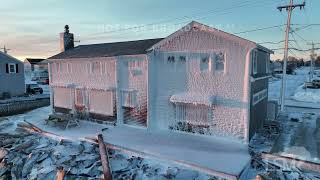 1302022 Brant Rock Ma Homes coated in ice from sea spray in NorEaster Drone [upl. by Zimmermann]