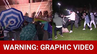 Fight breaks out at UCLA Fireworks thrown at proPalestine tents [upl. by Eceerehs]