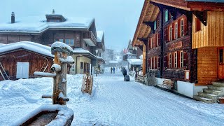 Heavy snowfall in the mountain village of Mürren Switzerland 4K  a real Fairytale village [upl. by Sanyu]