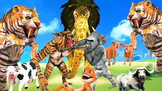 10 Monster Lion vs 10 Cow vs 10 Giant Tiger Wolf Attack Cow Cartoon Buffalo Saved By Giant Gorilla [upl. by Irelav121]