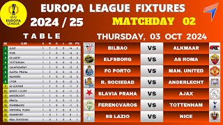 EUROPA LEAGUE FIXTURES  Matchday 2 • EUROPA Table Standings Today • EUROPA Fixtures Today 202425 [upl. by Natsrik]