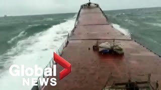 quotMaydayquot Camera captures huge wave snapping cargo ship in 2 off coast of Turkey [upl. by Odrawde]