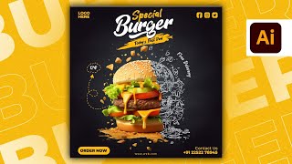 Illustrator CC Tutorial  Graphic Design  Modern Burger Poster Design 🍔⚡ [upl. by Lara]