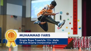 GB Rope Skipping Championships 2018  Single Rope Freestyle 13 Male Muhammad Faris 1st [upl. by Naujek]