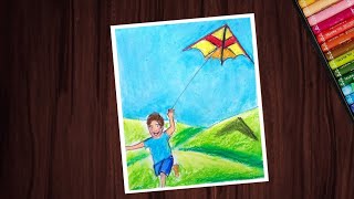 Makar sankranti scenery drawing with oil pastels step by step [upl. by Adialeda]