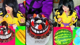 Ice cream challenge Strawberry cake vs banana mukbang [upl. by Leitnahs]