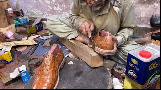 How To Make Alligator Print Hand Stitch Leather Shoes Upper Beginner Leather work PART 2 of 3 [upl. by Drofnelg]