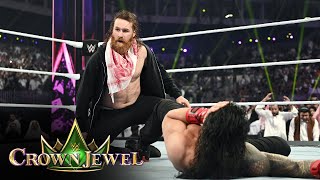 Sami Zayn accidentally hits Roman Reigns with a Helluva Kick Crown Jewel 2024 highlights [upl. by Eillim848]