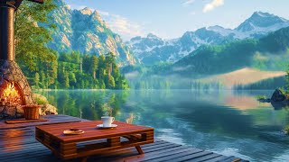 Warm Jazz Piano Music Outdoor Coffee Cafe 🎹 Cozy Lake Mountain Ambience for Stress Relief ☕ [upl. by Yelah]