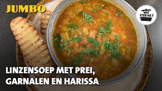 Wat eten we Linzensoep met prei garnalen en harissa [upl. by Helsa]