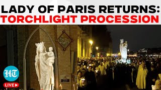 Notre Dames Historic Night  Virgin Statue Returns  Paris Cathedral  Torchlight Procession [upl. by Caines]