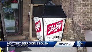 VIDEO Historic 250pound beer sign stolen off Wisconsin front porch [upl. by Platon961]