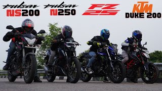 KTM Duke 250 vs Yamaha FZ25 vs Pulsar N250 vs Pulsar NS200 Drag Race [upl. by Nnylarak]