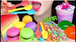 ASMR RAINBOW CREPE CAKE EDIBLE SPOON MACARON NERDS ROPE JELLY 레인보우 크레이프 케이크 너드 로프젤리 먹는 숟가락 먹방 [upl. by Rolyab]