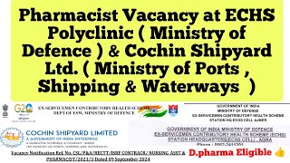 Pharmacist Vacancy at ECHS Polyclinic amp Cochin Shipyard Ltd  Diploma Candidate Eligible [upl. by Edithe]