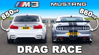 850hp BMW M3 v 860hp Ford Mustang DRAG RACE [upl. by Neerihs897]