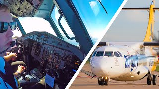 Cockpit Full Flight with ATC Aurigny ATR72 Manchester to Guernsey [upl. by Myk]