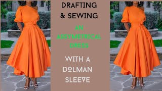 How to cut and sew an assymetrical flare dress with a dolman sleeve cut together sleeve [upl. by Anirahs]