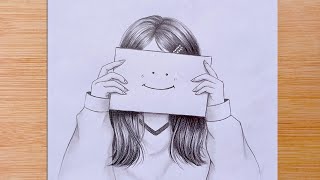 A girl hides her emotions with a smiley face emoji  Pencil Sketch  How to draw  step by step [upl. by Downe]