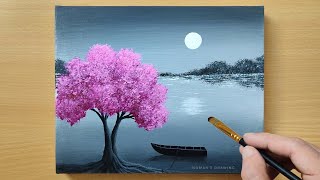 Black amp White Landscape Painting for Beginners  Cherry Blossom  Acrylic Painting Technique [upl. by Boucher]