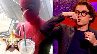 Tom Holland Drank His Frappucino Through The Eyes Of His SpiderMan Mask  The Graham Norton Show [upl. by Dyrraj]