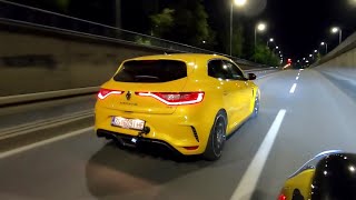 New Renault Megane RS Trophy  CRAZY EXHAUST SOUND pops amp bangs in tunnels night DRIVE [upl. by Nevur]