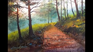 Watercolor painting tutorial  Serenity in the Forest Path [upl. by Drofwarc]