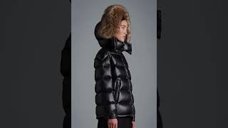 MONCLER Shiny Mairefur Short Down Jacket Fur Hooded Glossy Black Women [upl. by Makell]