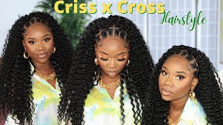 CRISS CROSS HAIRSTYLE WITH CURLY CROCHET HAIR NO TANGLE  PROTECTIVE STYLE  CHEV B [upl. by Arny235]