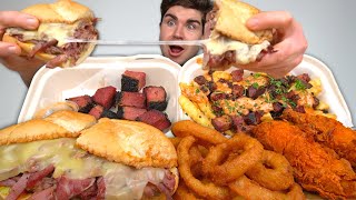 LOADED Pastrami Fries Cheesy Pastrami Sandwich Onion Rings THICK Pastrami  Tenders MUKBANG [upl. by Harim]