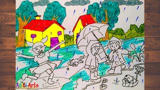 How to draw kids playing in Rain  Drawing on rainy day  Drawing for rainy season  Rain Drawing [upl. by Mitinger384]