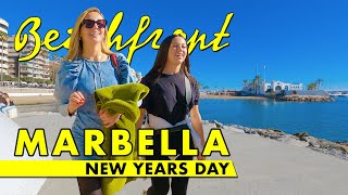 Marbella beachfront walk  New Years Day 2024  Costa del Sol Spain 4K immersive virtual tour [upl. by Forras879]