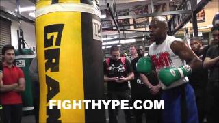 FLOYD MAYWEATHER GIVES TIPS ON TECHNIQUE WHILE TRAINING FOR MARCOS MAIDANA [upl. by Eniahpets156]