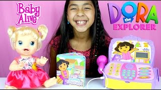 Dora the Explorer Cash Register with Baby Alive Doll and Shopkins B2cutecupcakes [upl. by Swiercz]