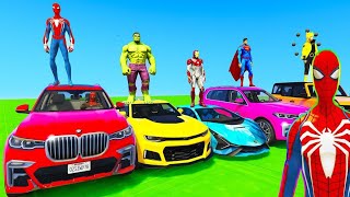 SPIDERMAN CARS Racing MOUNTAIN MEGA Ramp Challenge  SUPERHEROES HULK GOKU Epic Stunt Race  GTA 5 [upl. by Dawna]